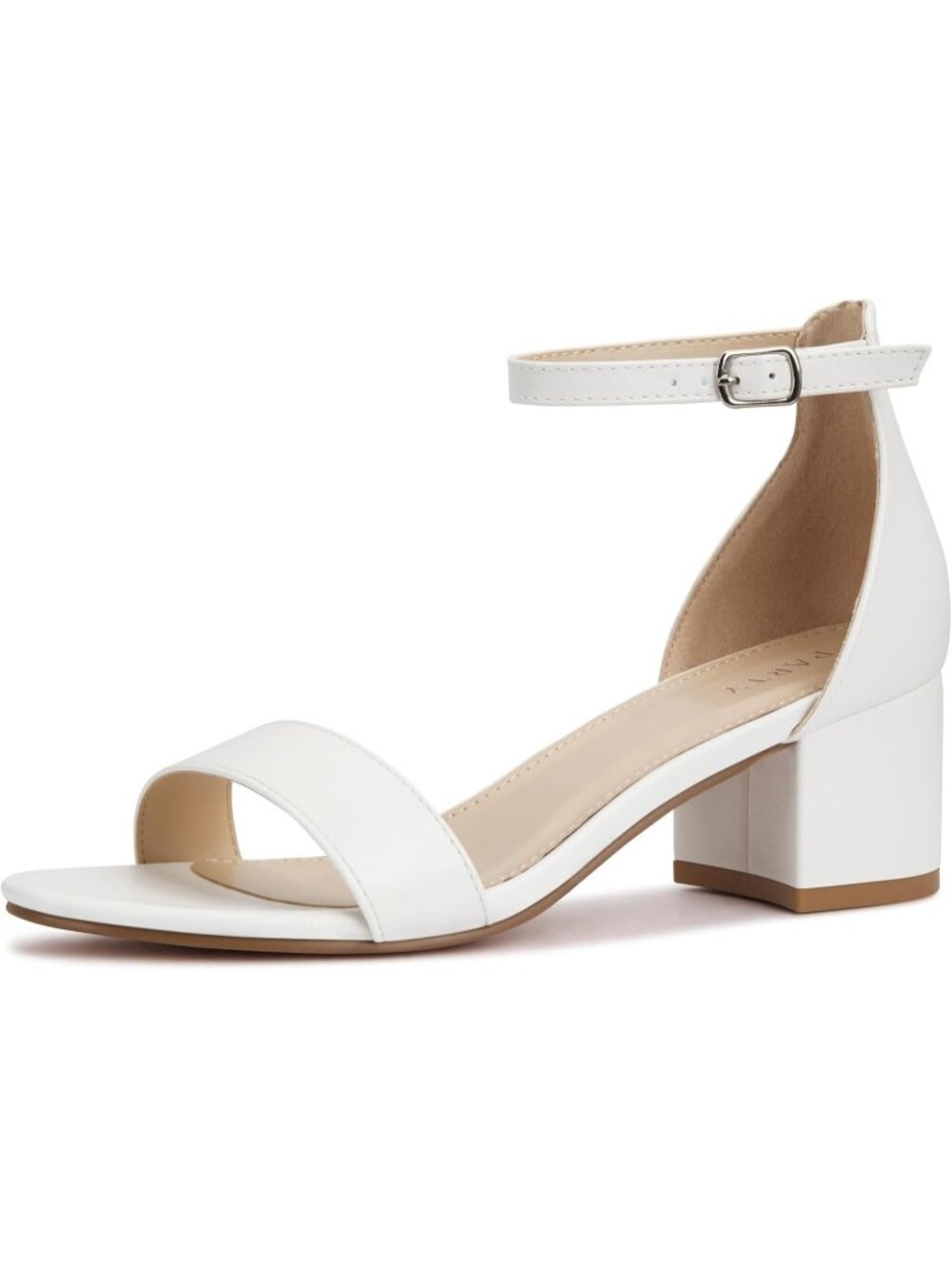 Women's White PU Faux Leather Open Toe Ankle Strap Block Chunky Heels Sandal